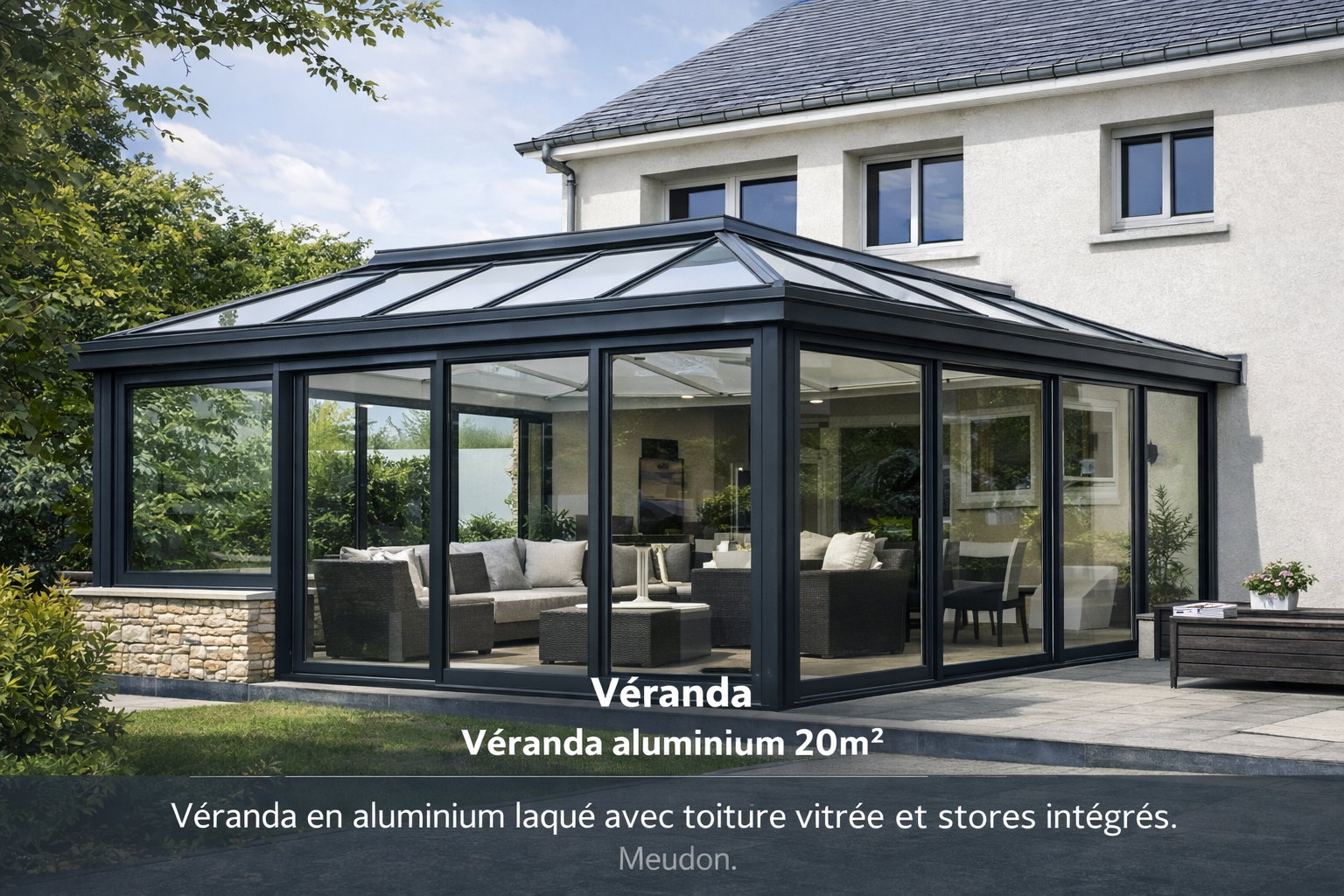 Véranda aluminium avec toiture vitrée et stores intégrés - Menuiserie Angibaud